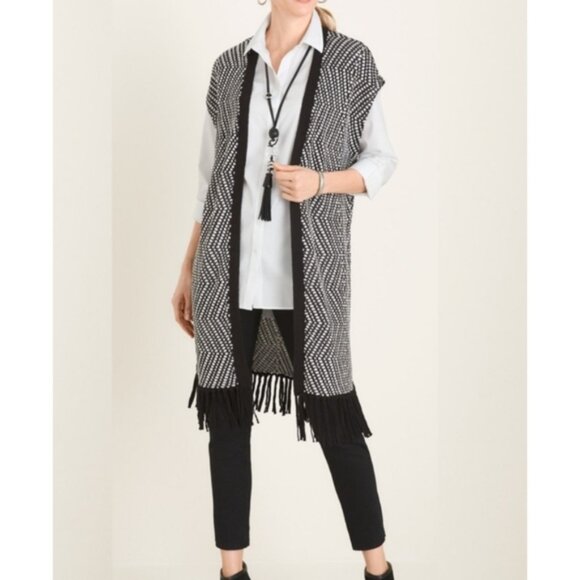Chico's Patterned Fringe Detail Cardigan Sweater Vest Black & White Size 1 (M) - Picture 2 of 14